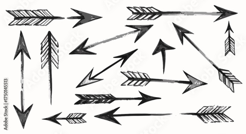 Collection of hand-drawn arrows in various styles and directions, perfect for graphic design and creative projects, showcasing directional guidance and visual cues