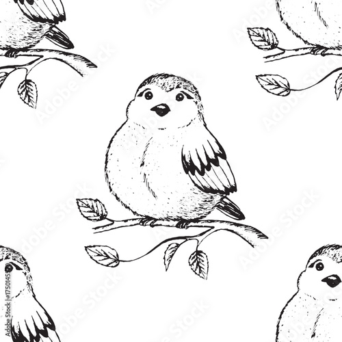 Seamless pattern with funny birds, flowers, leaves. Flat vector illustration with cartoon bird silhouette. Cute characters. Design for invitation, poster, card, textile, fabric.