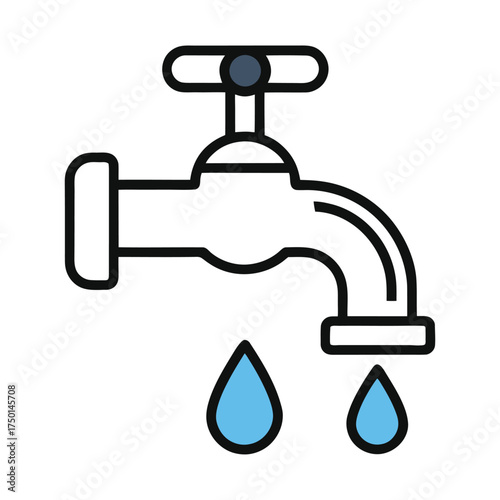 Simple illustration of a water faucet with dripping blue water droplets.