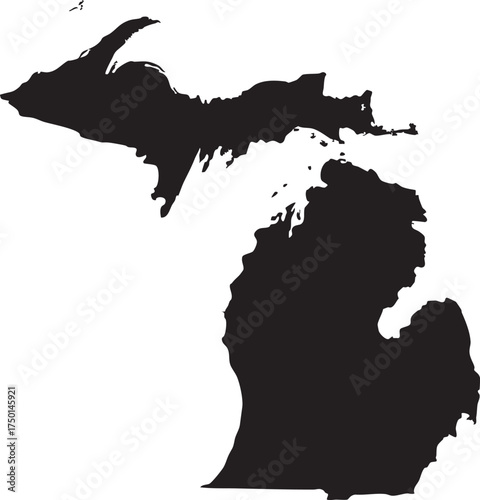 Michigan state silhouette, bold black graphic design element for maps, travel, tourism, and regional branding applications.