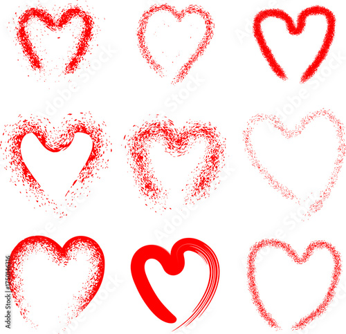 Collection of nine red heart shapes with different styles and textures, perfect for Valentine's Day.