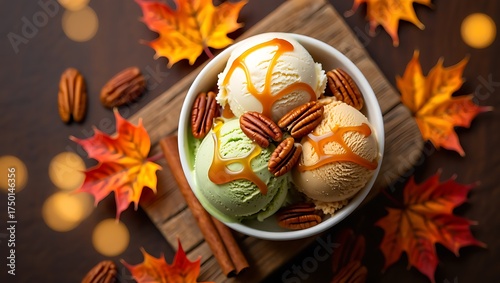 Fall Flavors Ice Cream with Maple Syrup and Pecans in Autumn Setting