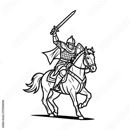 Medieval Knight Warrior on Horseback with Sword Raised High.