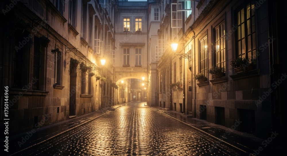 Fototapeta premium Enchanting Cobblestone Alleyway at Dusk with Warm Streetlight Glow and Wet Reflections