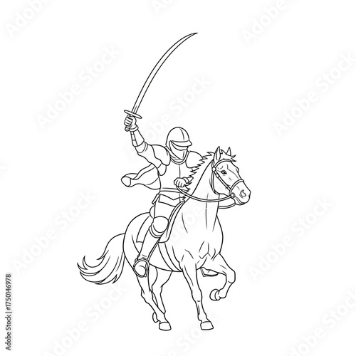 Knight on Horseback with Sword Raised in Triumph.