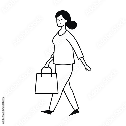 Woman Shopping with Tote Bag Line Art