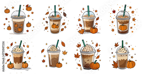 Autumn Iced Coffee and Pumpkin Spice Frappuccino Vector Set — Cozy Fall Drink Illustration Collection