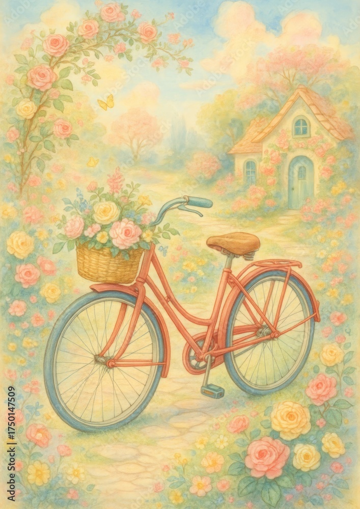 Fototapeta premium Charming vintage floral bicycle wallpaper.