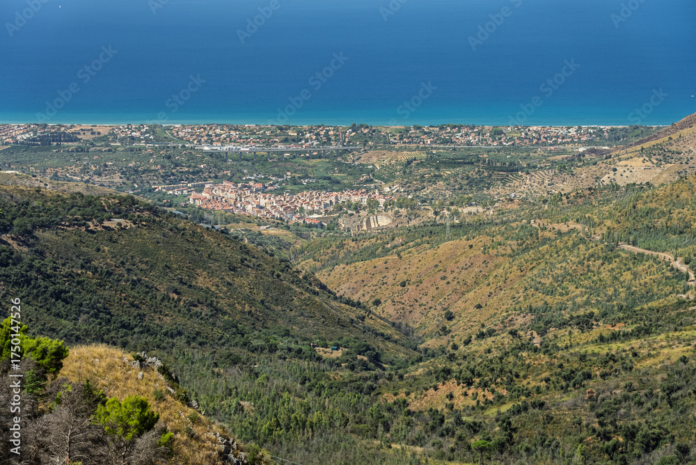 Naklejka premium Gratteri historic medieval Sicilian mountain village town with stone buildings in summer surrounded by Madonie Natural Park forest near Cefalu bay Sicily island southern Italy Europe