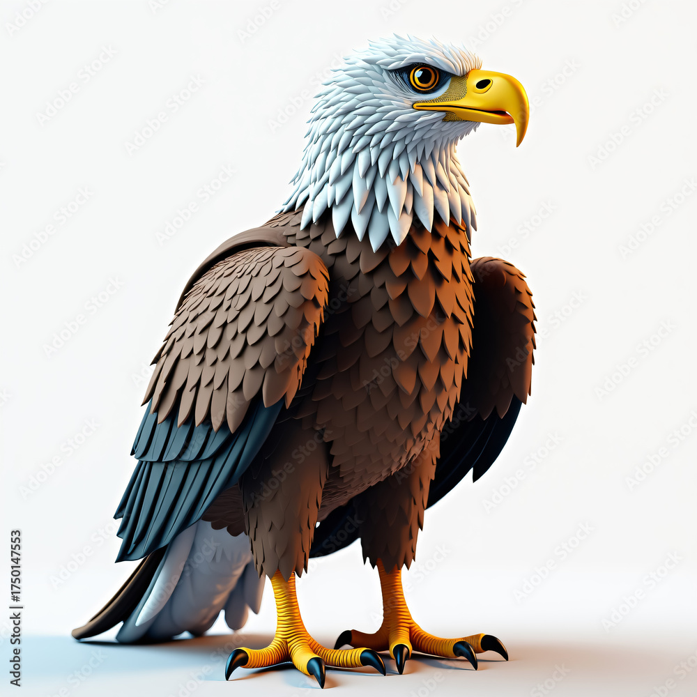 Obraz premium A stylized bald eagle with a white head and brown body stands against a clean white background.