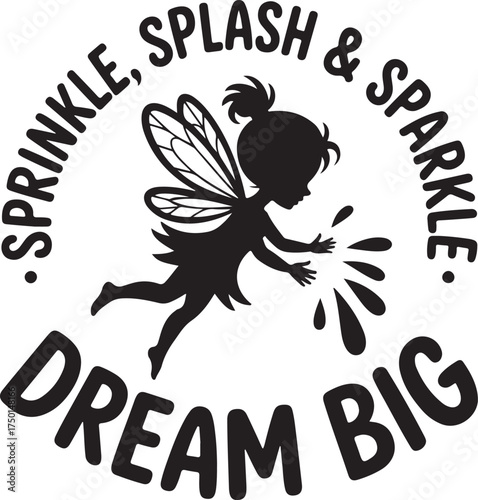Black silhouette fairy with wings sprinkling liquid Religious Symbol white