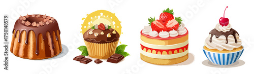 Gourmet Dessert Vector Set with Cakes, Cupcakes, and Whipped Toppings — Sweet Pastry Illustration Collection