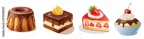Gourmet Dessert Vector Set with Cakes, Squares, and Whipped Toppings — Sweet Pastry Illustration Collection