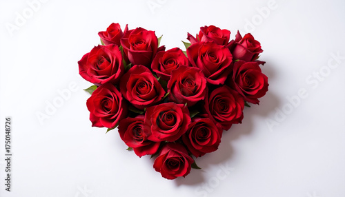 Red roses arranged in a heart shape on a white background for Valentine's Day  