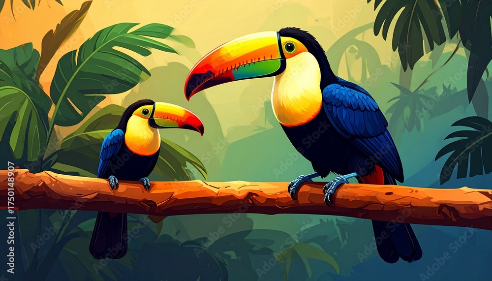 Fototapeta premium Vibrant Toucans in Tropical Jungle: A Colorful Pair Perched on a Branch