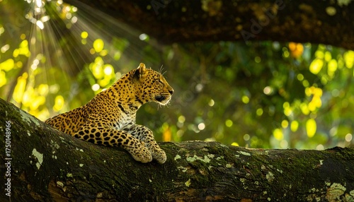 Golden Hour Leopard: A magnificent wild cat reposes on a mossy branch, bathed in stunning crepuscular rays.