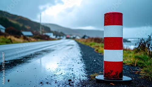 Color-Coded Evacuation Route Marker Post in Rain-Dampened Coastal Village ana near the ocean