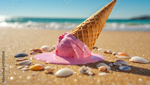 Melting strawberry ice cream cone on beach with seashells during summer vacation