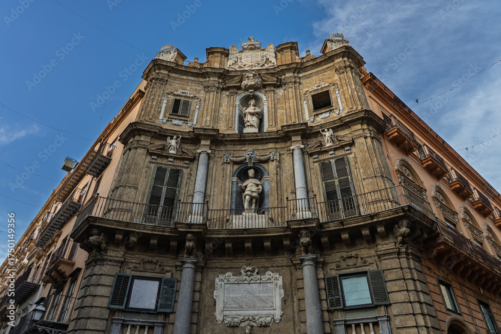 Fototapeta premium Palermo, the historic Sicilian capital city, featuring the monumental city gate, Palermo Cathedral, ornate baroque architecture, and charming narrow streets filled with history, Sicily, Italy