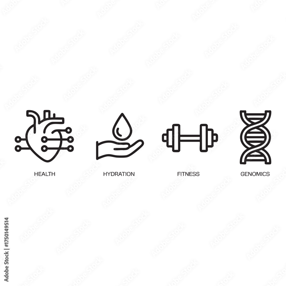 Obraz premium Set of health and wellness icons including heart hydration fitness and genomics simple line vector for app and web design isolated on white background
