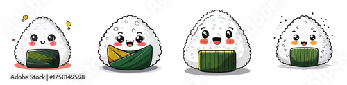 Kawaii Onigiri Vector Set — Cute Rice Ball Characters with Seaweed Wraps and Fun Toppings