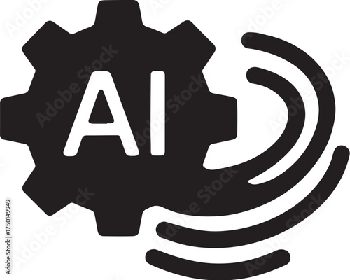 AI gear wheel emitting data swirl silhouette icon.