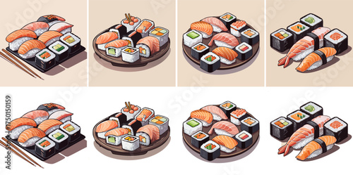 Sushi Vector Set — Assorted Nigiri, Maki & Sashimi Platters for Japanese Food Designs