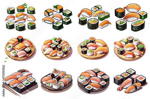 Sushi Vector Set — Assorted Nigiri, Maki & Sashimi Platters for Japanese Food Designs