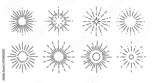 Collection of radiant starbursts and shining line art designs displayed neatly