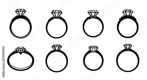 Black and white illustration of various diamond engagement ring designs