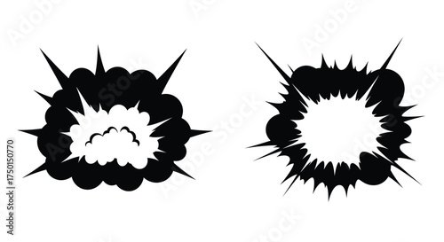 Two black and white explosion effects starburst shapes comic book style