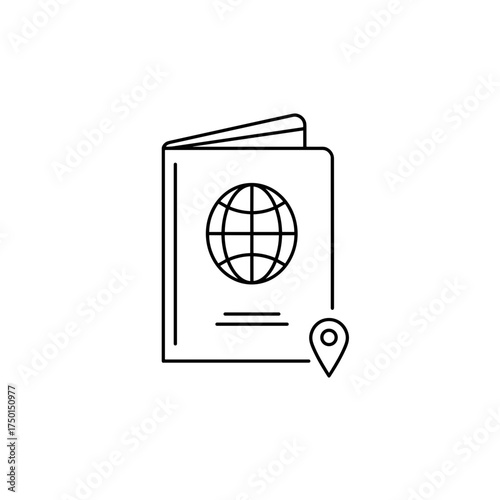 Open passport with location pin icon in line style for travel or identity themes