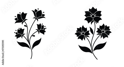 Simple black and white floral design featuring delicate blossom silhouettes