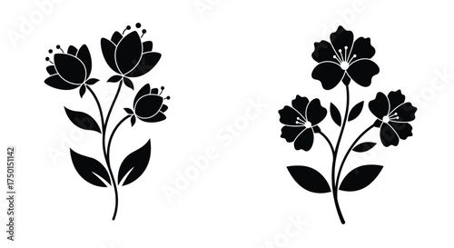 Simple black and white floral silhouettes with stems and leaves shown