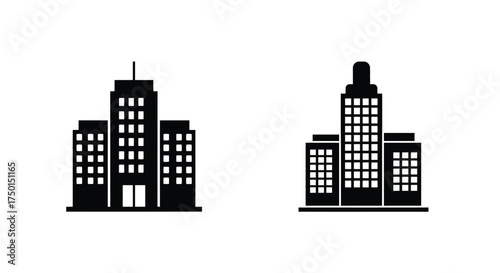 Simple black and white illustration of two modern city building silhouettes
