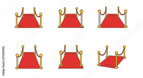 A collection of illustrated red carpets with golden rope barriers displayed