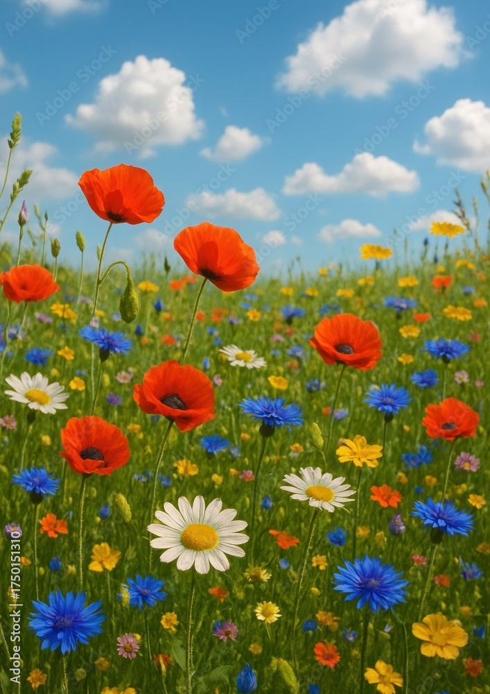 Naklejka premium Vibrant wildflowers under blue sky.