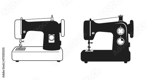 Two vintage sewing machines presented in a black and white illustration