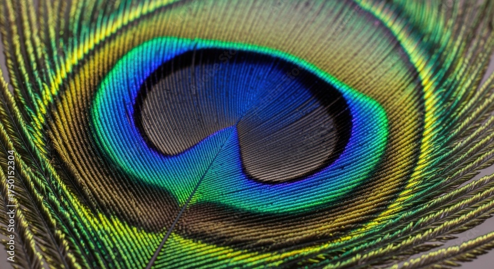 Obraz premium Extreme Macro Close-up of a Vibrant Peacock Feather Eye with Iridescent Blue, Green, and Gold Hues