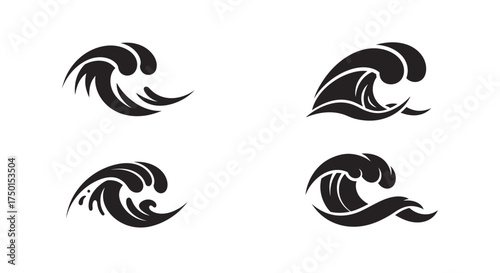 Four abstract black wave designs isolated on a plain white background