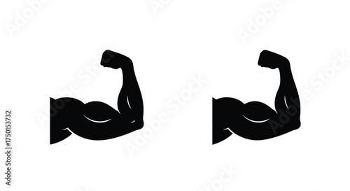 Two strong black and white biceps flexed muscles isolated on white background