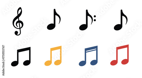 Collection of musical notes in various colors and styles displayed