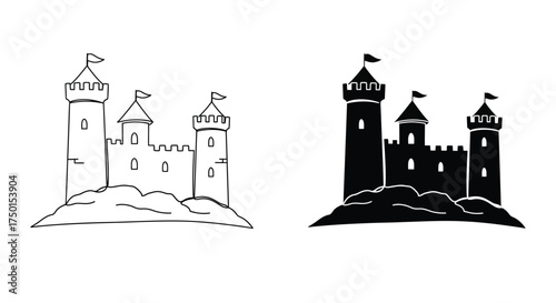 Line art and solid fill illustrations of medieval castles on hills