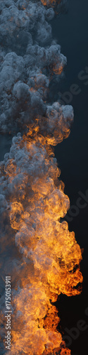 A dramatic, vertically extended artwork depicting intense flames rising upward with billowing smoke, blending vivid oranges, deep reds, and dark grays in a powerful, atmospheric composition
