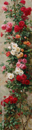 A towering garden trellis covered in lush climbing roses of red, pink, orange, and white, creating a vibrant vertical wall of blossoms against a green leafy backdrop
