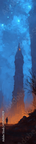 A towering, mystical pillar stretches skyward through swirling mist and glowing light, covered in ancient runes and surrounded by floating embers that hint at forgotten magic