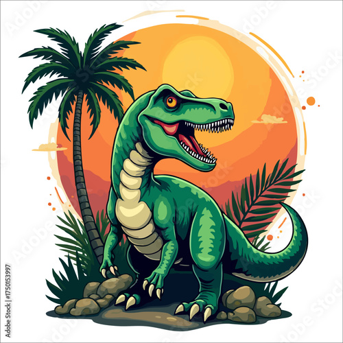 Vector design for teenager t-shirt. Green dinosaur raptor with open mouth on transparent background with sun, palm trees in jungle. Cartoon fashionable drawing for textiles, fabric, boy clothing.