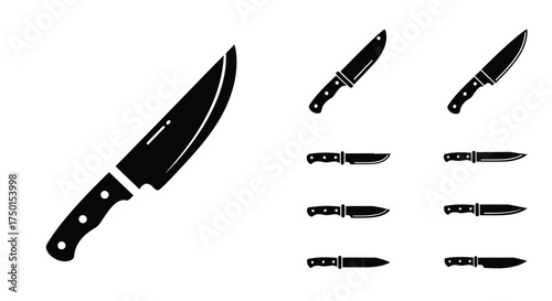 A collection of various kitchen knives and smaller blade icons displayed