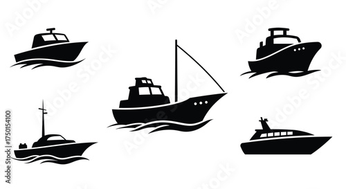Simple black silhouettes of various boats sailing on wavy water