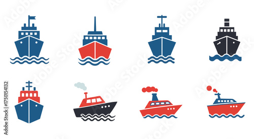 Collection of stylized ship and boat icons in varying designs